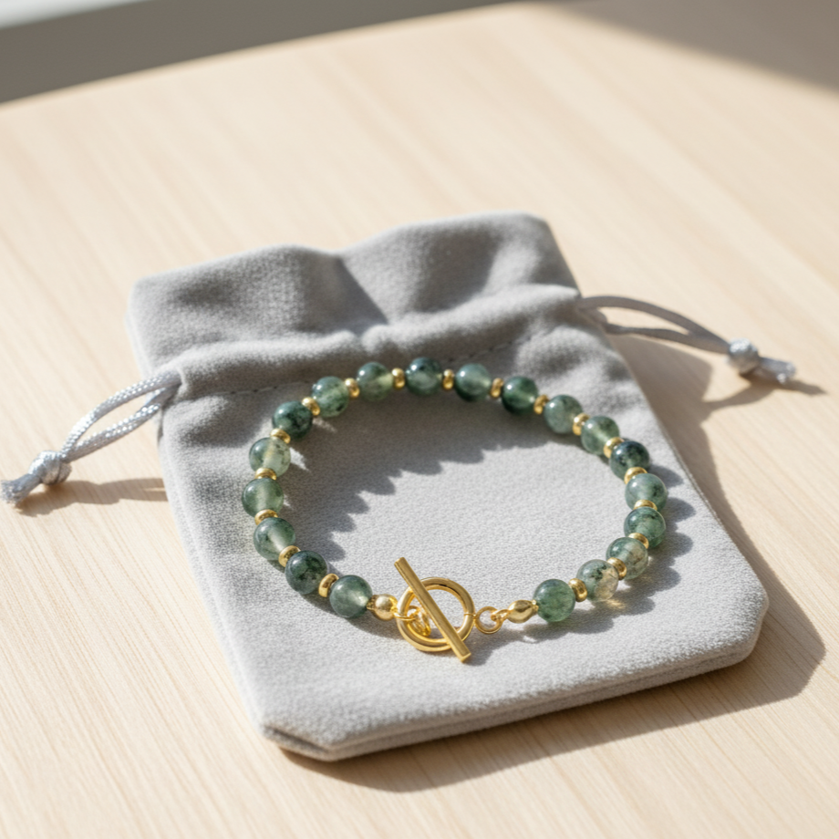 Bracelet CIRCE – Agate & Inox Plaqué Or 18K | Bijou Énergétique & Élégant