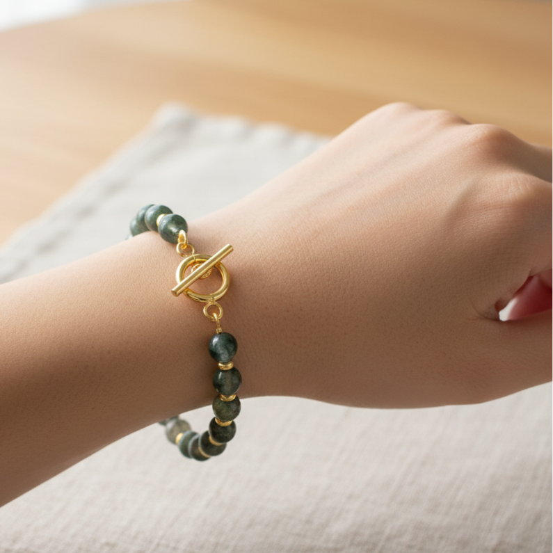 Bracelet CIRCE – Agate & Inox Plaqué Or 18K | Bijou Énergétique & Élégant