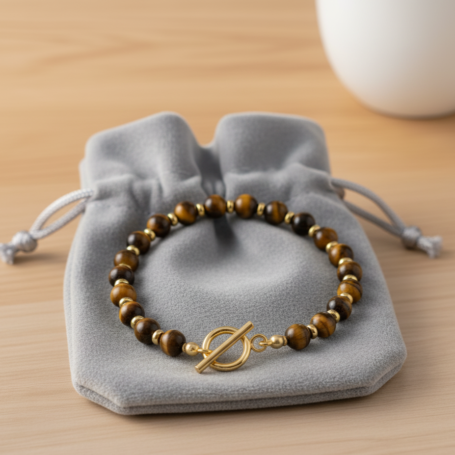 Bracelet CIRCE – Œil de Tigre & Acier Inox Plaqué Or 18K | Bijou Énergétique & Élégant