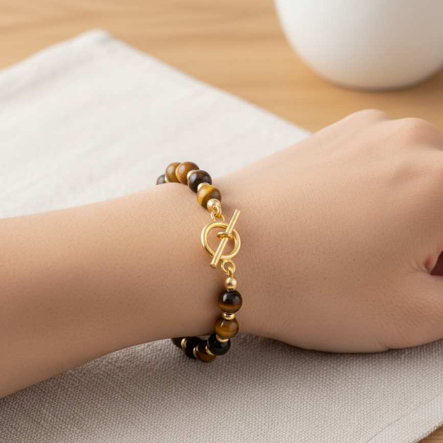 Bracelet CIRCE – Œil de Tigre & Acier Inox Plaqué Or 18K | Bijou Énergétique & Élégant